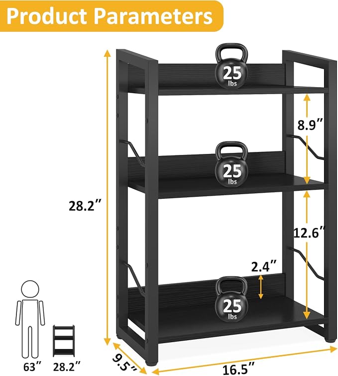 Hosfais 3-Tier Small Bookshelf with Edge Protection | Wood Book Shelf Industrial Bookshelf Metal Narrow Bookcase Storage Organizer Display Rack for Bedroom Home Office (Black)