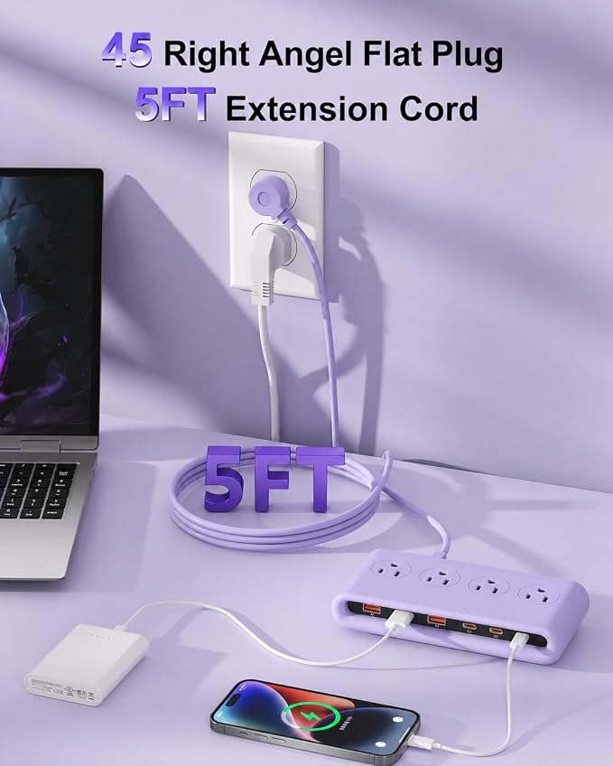Power Strip with USB C 35W,10-in-1 Flat Plug Wall Charger - 5FT Extension Cord with 4AC, 3 USB A & 3 USB C - PD20W Charging Station for Multiple Devices - Travel Home Office