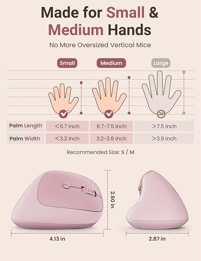 Ergonomic Vertical Wireless Mouse, 57°, Small/Medium Hands, Pink | Rechargeable, Quiet Click, 800/1200/1600 DPI, 2.4GHz USB Receiver, Forward/Back Buttons, Computer Mouse for Laptop PC Mac