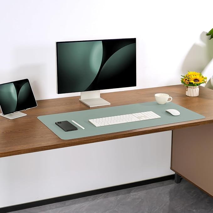 Dual Sided Desk Pad Faux Leather Desk Mat Large Mouse Pad | Desk Pad Protector Non-Slip Waterproof Desk Mouse Pad for Writing Desk, Office, Home(Sage Green Gray 23.6"X13")