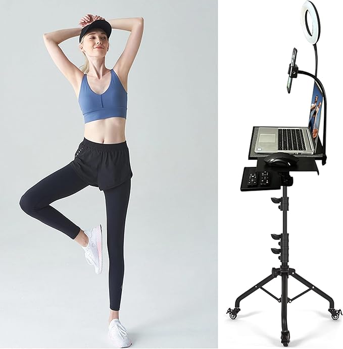 Projector Tripod Stand with Wheels Laptop Tripod Stand Projector Tripod Laptop Stand Floor Stand Live Stream stand Treadmill Stand Music Stand with 6" LED Ring Light for Online Meeting Recording