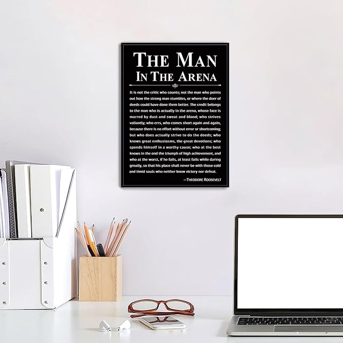 Howwii Office Wall Art Inspirational Decor The Man in the Arena Framed 12’’x16’’ Motivational Positive Quote Print Canvas Wall Decor Gift for Men&Women (Black)