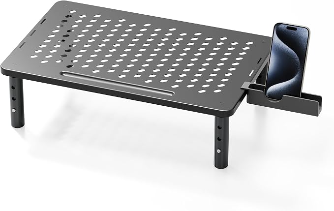 Computer Monitor Stand Riser for Desk, 3 Height Adjustable PC Laptop TV Desktop Monitor Stand Shelf, Metal Printer Table with Phone Holder, Stand Riser for Desk, Office Desk Organizers and Accessories, 1 Pack