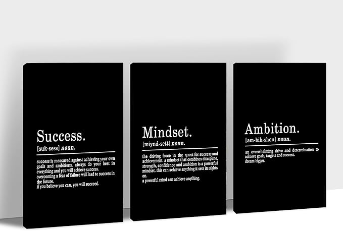 3 Piece Inspirational Wall Art - Success Mindset Ambition Quotes Canvas Art Prints for Men Women Gift, Office Wall Art Pictures, Motivational Poster Framed Artwork for Home Office Decor 24”x36”x3Pcs