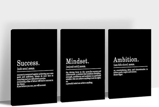 3 Piece Inspirational Wall Art - Success Mindset Ambition Quotes Canvas Art Prints for Men Women Gift, Office Wall Art Pictures, Motivational Poster Framed Artwork for Home Office Decor 24”x36”x3Pcs