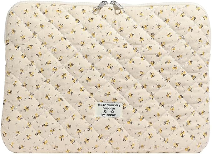 Cute Laptop Sleeve 13-15 inch Laptop Case Aesthetic Quilted Laptop Sleeve Computer Bag with Flower Printing for MacBook (Yellow, 13inch)