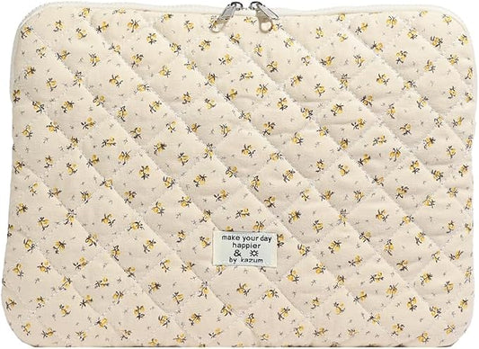 Cute Laptop Sleeve 13-15 inch Laptop Case Aesthetic Quilted Laptop Sleeve Computer Bag with Flower Printing for MacBook (Yellow, 13inch)