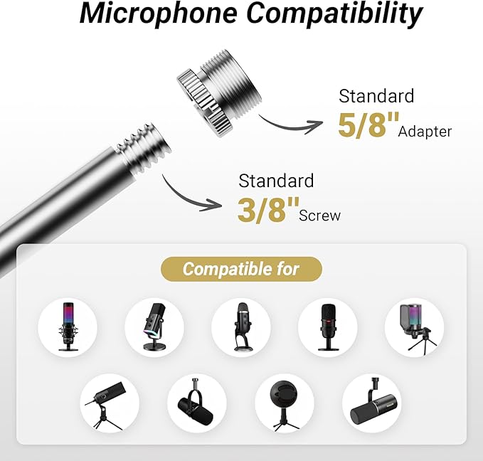 Tonor Mic Arm Desk Mount, Low Profile Boom Arm for Microphone, Adjustable Mic Stand with Desk Mount Clamp, 3/8’’ and 5/8’’ Screwadapter for Most Micr, 38 cm +35 cm(15''+14''), White, T20LP