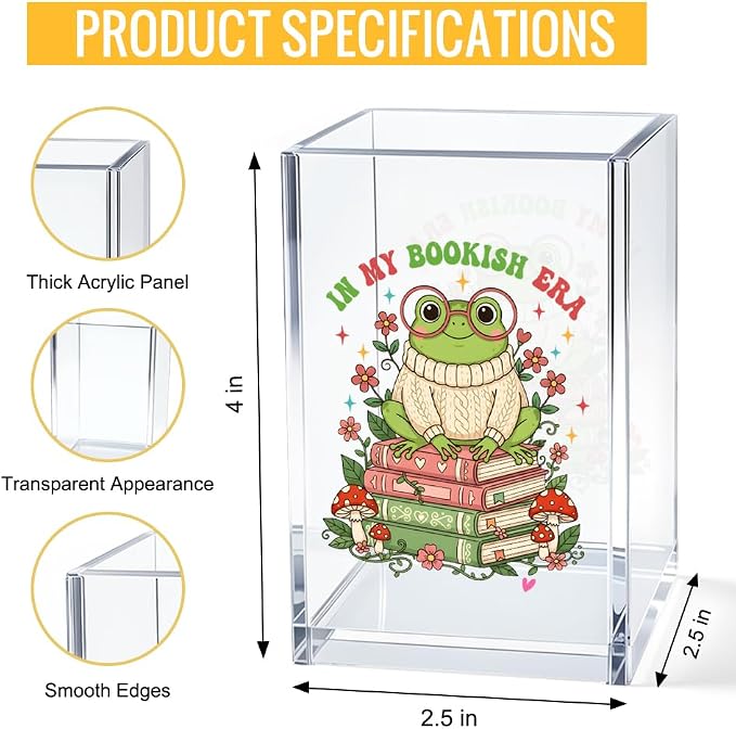 In My Bookish Era Acrylic Cosmetic Pencil Pen Bookmark Storage Holder Cup, Cute Frog Acrylic Storage Holder Cup Gifts for Women Readers Bookish Reader Book Nerdy Librarian Bookworm