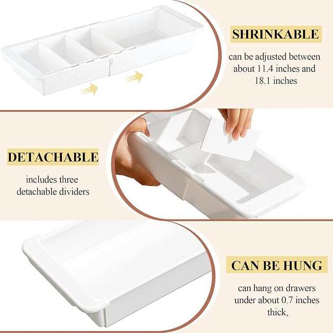 1 Pcs Expandable Drawer Organizer Bins Adjustable Deep Drawer Hanging Organizer Tray Expandable 11.4 to 18.1 Inches Plastic Dividers Storage for Office Bathroom Bedroom Kitchen Desk, White