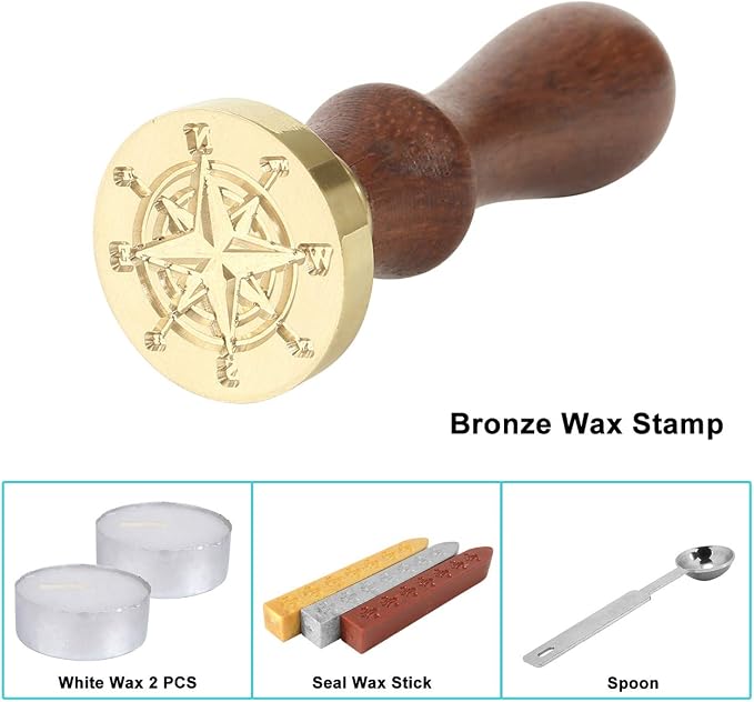 Yoption Wax Seal Stamp Kit, Compass Sealing Stamp with Gold Red Silver Sealing Wax Sticks Gift Box Set for Invitations, Cards, Letters, Gift Idea