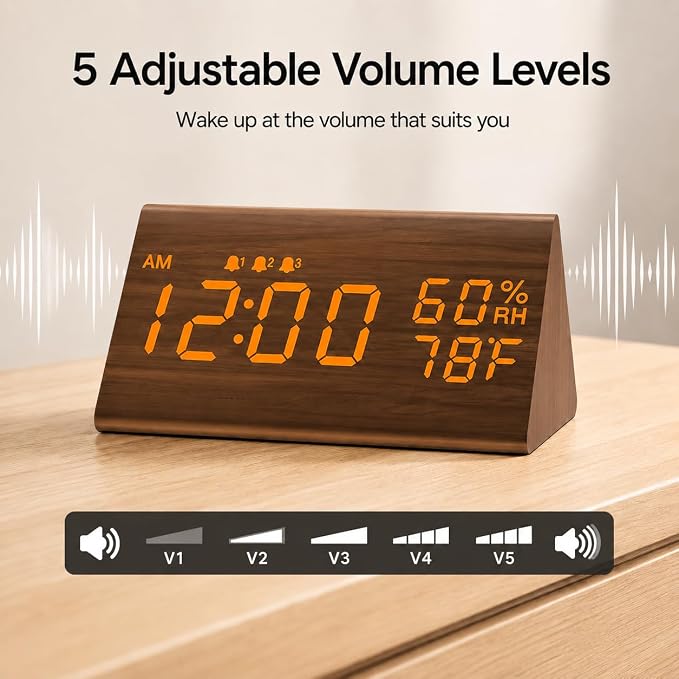 JALL Wooden Digital Alarm Clock for Bedrooms and Office, 3 Alarms with Big Digits, Humidity and Temperature Display, 6-Level Dimmer, Snooze, Loud Desk Clock for Heavy Sleepers, Plug in (Brown)