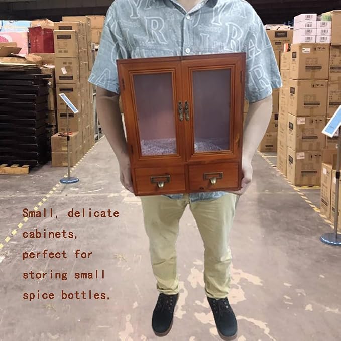 Rustic Apothecary Cabinet - 12" L x 4.7" W x 14" H Vintage Pine Countertop Cabinet with 2 Shatterproof Clear Doors & 2 Drawers, Small Spice Organizer for Kitchen, Bathroom, Office (Brown)