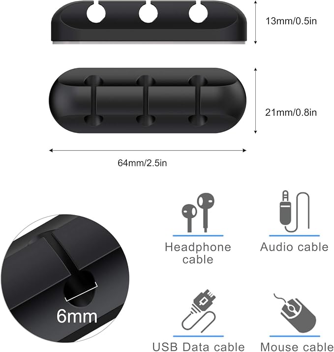 SOULWIT Cable Holder Clips, 3-Pack Cable Management Cord Organizer Clips Silicone Self Adhesive for Desktop USB Charging Cable Nightstand Power Cord Mouse Cable Wire PC Office Home - Black
