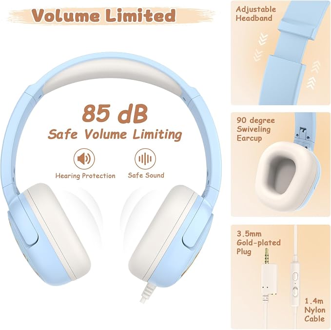 Capybara Backpack for Girls with Headphones - 4PCS Girls Backpack for Kindergarten Elementary Middle High School Travel - 3.5mm Wired Headphones Backpacks Back to School Gift(Blue)