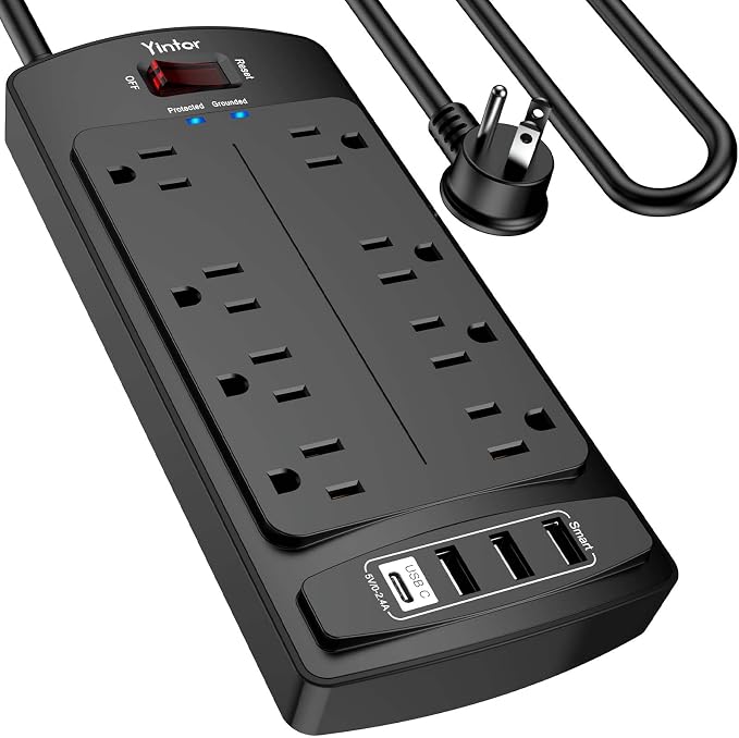 Surge Protector Power Strip, Yintar Flat Plug Extension Cord with 8 AC Outlets and 4 USB Ports, 10 Feet Power Cord, 2700 Joules, ETL Listed, Black