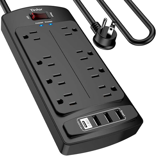 Surge Protector Power Strip, Yintar Flat Plug Extension Cord with 8 AC Outlets and 4 USB Ports, 10 Feet Power Cord, 2700 Joules, ETL Listed, Black