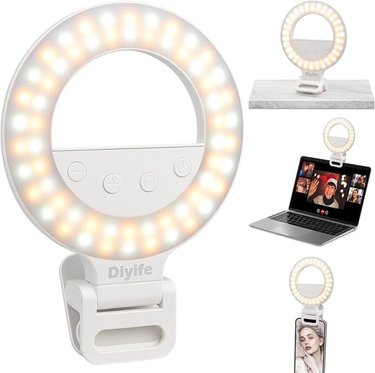Diyife Selfie Ring Light, [360° Rotation] Rechargeable 1000mAh Selfie Light for Phone, 60 LED 10 Level Brightness Portable Phone Clip on Light for Laptop, Makeup, Vlog, TikTok, Video Recording
