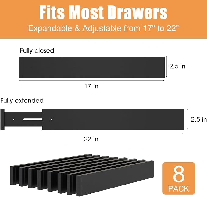 Bamboo Drawer Dividers, Adjustable Drawer Organizers, Fits 17.6–21" Drawers | 2.5" High, 8 Pack Expandable Drawer Separators for Kitchen, Nursery, Dressers & Office Storage, Black