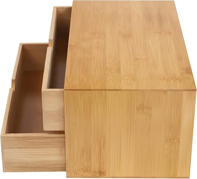 Bamboo Desk Organizer with 2 Drawers, Natural Wood Tabletop Storage Box | No-Assembly Countertop Drawer for Office Home Makeup Jewelry Stationery