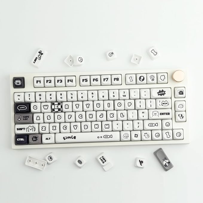 Sunzit PBT MOA Keycaps, Cute White Keycaps, 131 Keys, Dye-Sublimation Custom Keyboard Keycap Set for 61/64/68/84/87/100/104/108 Cherry MX Mechanical Keyboard, Cat and Dog