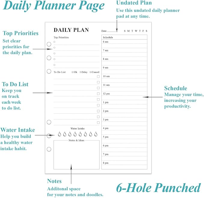 ZGMJ Undated Daily Planner Refill - A5 Day Planner Insect To Do List, 100 Sheets/200 Pages Planner and Lined Refill, 6-Hole Punched, 100 gsm White Paper, 5.8'' x 8.3''