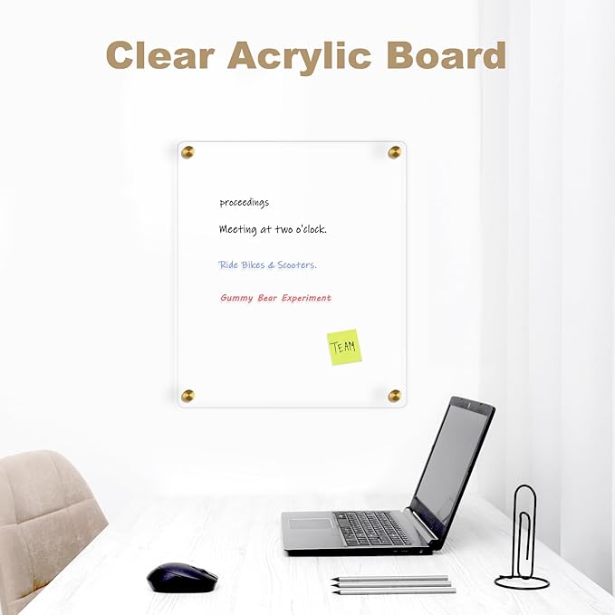 Clear Acrylic Dry Erase Board, 12" X 14" Golden Non-Magnetic Frameless Acrylic White Board for Wall, Clear Erasable Menu Board for Wall, Home, Office, School, 2 Markers