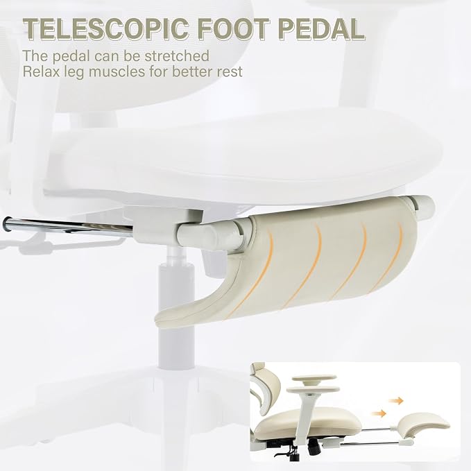 Ergonomic Office Chair with Retractable Footrest, Cream | High Back Design, Dynamic Lumbar Support, 2D Headrest & 2D Armrests, Breathable Mesh Back for Home Office