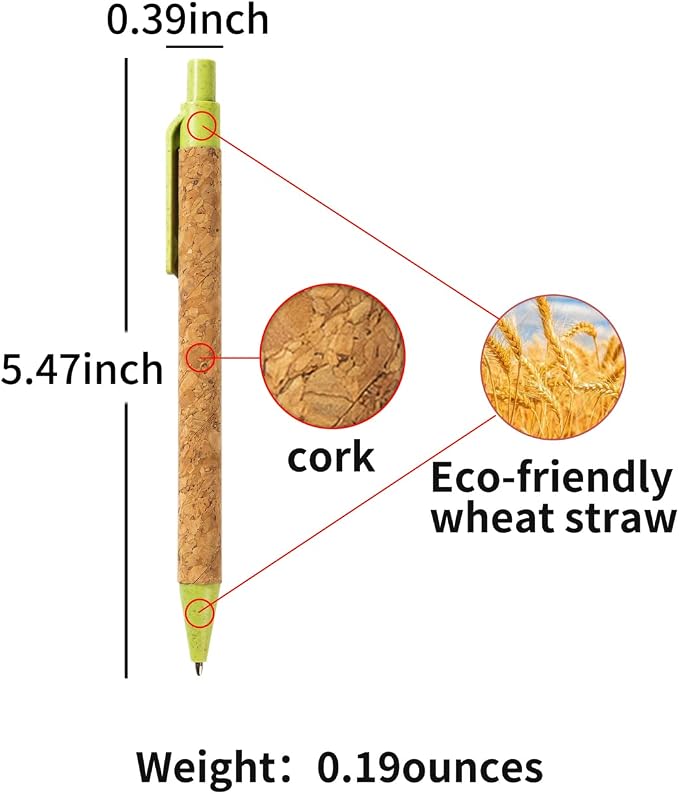 jinfusi Wheat Straw Pens(30 Pack),Eco Friendly Cork and Recycled Ballpoint Writing Black Ink Sustainable Products Set Pens or Journaling