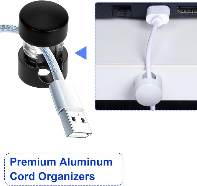 SmallCat 3 Sets Charger Holders for Cords, Adjustable Cable Anchor Holders, Adhesive Metal Cord Clips, Cable Management Wire Organizers for Desk, Office, Nightstand - Matte Black, White, Rose Gold