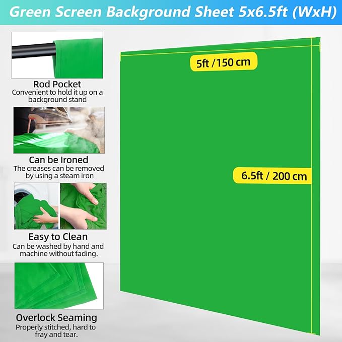 Green Screen Backdrop Kit with Stand, 5X6.5ft Portable Green Screen Backdrop with Stand kit, GreenScreen Background with Stand Carrying Bag Clamp for Streaming Video Zoom