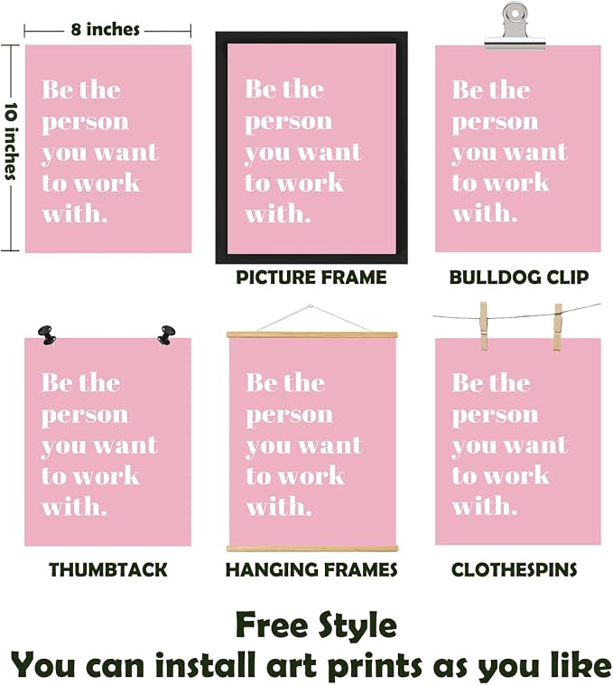 XWELLDAN Be The Person You Want to Work With Team Work Wall Art Decor, Inspirational Motivational Wall Decor for Office, Office Artwork Wall Decor, 8x10 Unframed Set of 4(light pink)