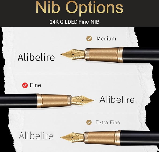 Black Luxury Fountain Pen Set for Men and Women with Gift Box, 24K Gold Finish and Gilded Nib(Fine) with 5 Black Ink Cartridges and Converter