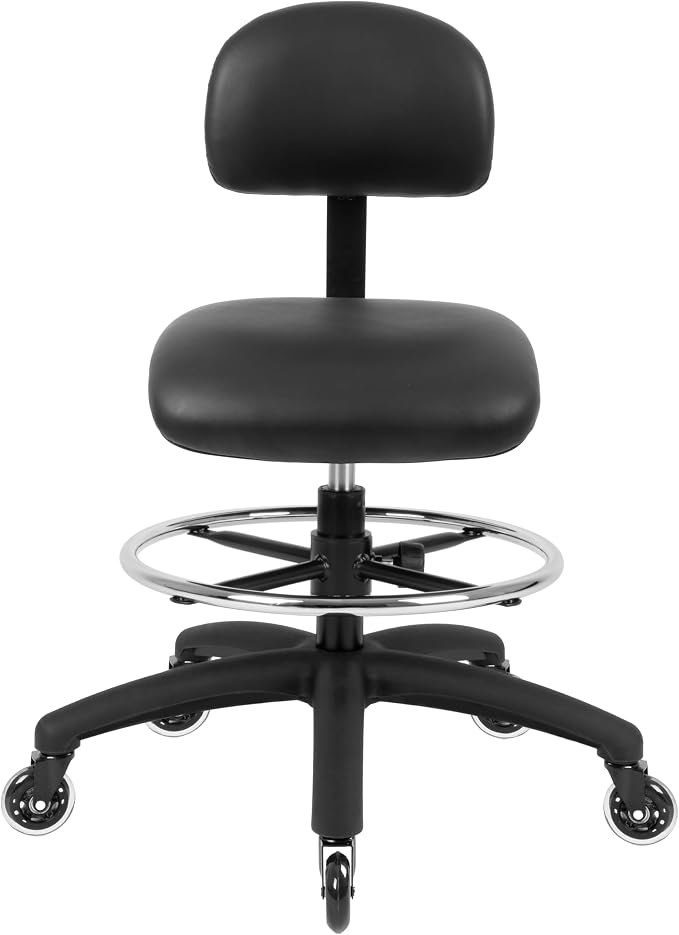 FSS Series Square seat (20"-28") seat Height Chair. Vinyl-for Office, Garage, Desk, Shop, Computer, Doctor, Medical, Easy to Clean! 18" Footring (Black, Mid Stool, Rubber Roller Casters)