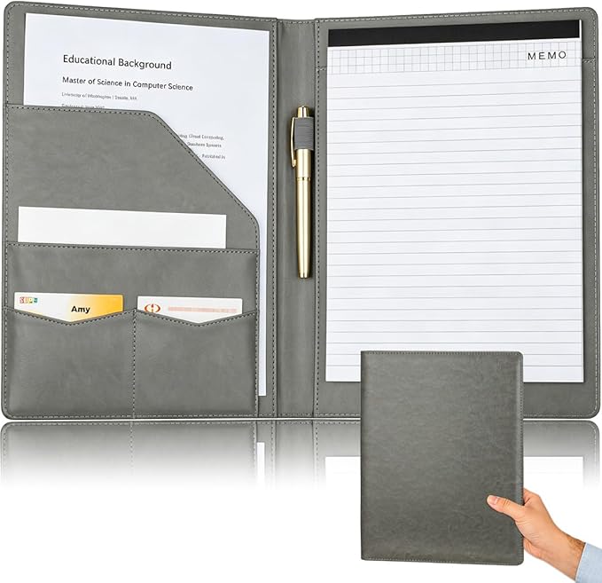 Padfolio Portfolio Binder, Faux Leather Folder, Resume Interview Legal Document Organizer, Letter Sized Writing Pad w/Business Card Holder, A4 Professional Folio for Office Conference (Grey)