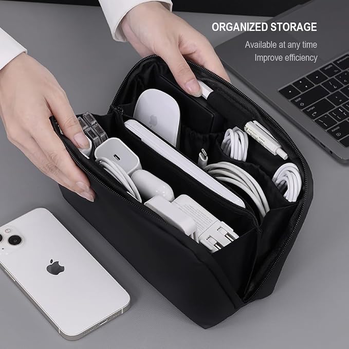 Electronics Organizer Bag, Travel Digital Storage Pouch for Cable, Cord, Earphone, USB Flash Drive, Power Bank, Hard Drive, Portable Tech Travel Case with Multi-Compartment (Black)
