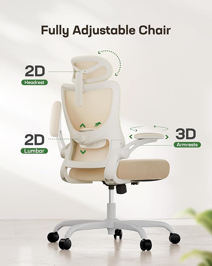 Marsail Ergonomic Office Chair: Office Computer Desk Chair with High Back Mesh and Adjustable Lumbar Support Rolling Work Swivel Task Chairs with Wheel 3D Armrests and Headrest (White)