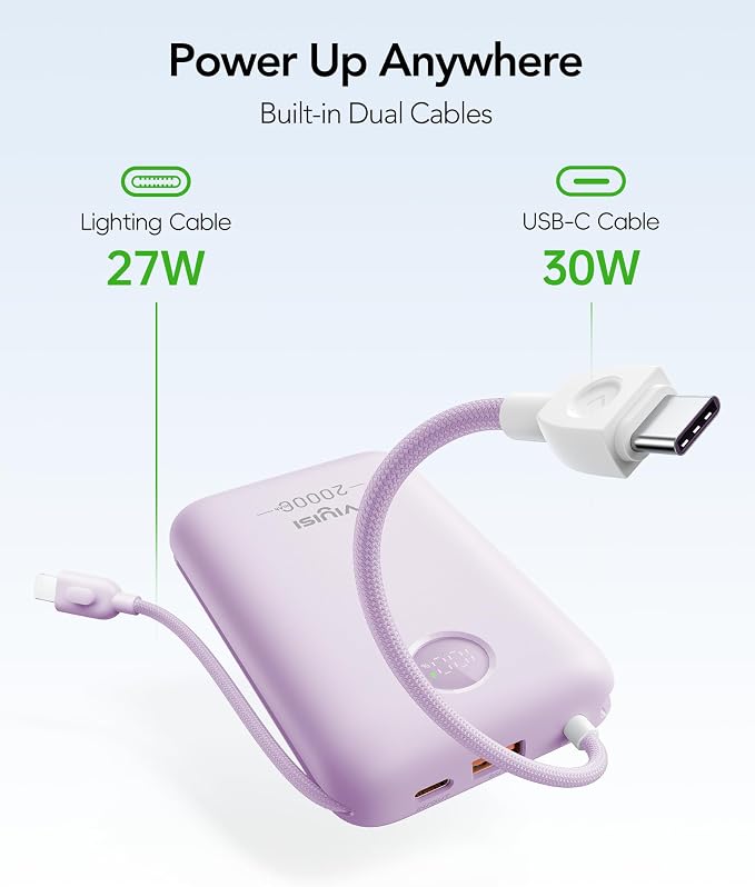 VIYISI Portable Charger 20000mAh 30W Fast Charging, Power Bank with Built-in Cables & LED Display, USB C Battery Pack for iPhone 17/16/15/14, Samsung, iPad and Android Phones, Travel - Purple