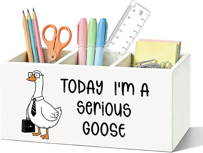 Funny Goose Pen Pencil Holder for Desk, Office Humor Gifts for Coworkers, Today I'm a Serious Goose Wooden Box Sign Organizer for Office Workplace Desk Accessories Tabletop Decorations