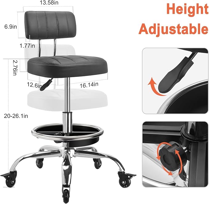 Garage Mechanic Stool with Backrest, Height Adjustable Heavy Duty Swivel Task Chair, Rolling Workshop Stool with Tool Tray Storage, Mechanic Chair for Garage, Shop, Auto Repair (Black)