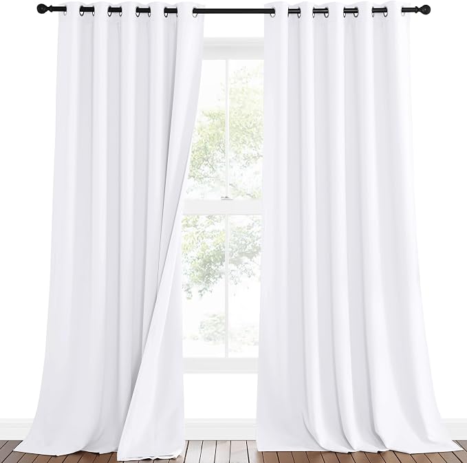 NICETOWN Sound Barrier 100% Blackout Divider Curtains 95" 2 Panels Set, Noise, Cold & Cold Blocking Patio Door Curtains with Felt Fabric Lining for Nursery/Daytime Sleep/Bedroom (White, 62" Wide)