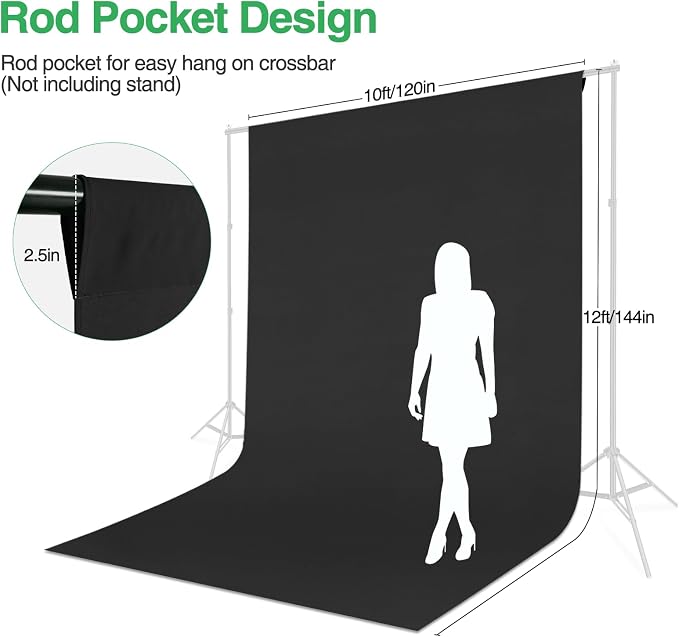 Black Backdrop Curtain 10x12ft (WxH), Black Photo Backdrop for Photography Polyester Collapsible Background Screen for Portrait, Product Video, Pet, Photoshoot, Birthday, Party