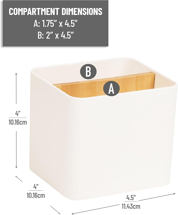 Mind Reader 2-Compartment Desktop Organizer, Removable Wood Divider, Non-Slip Base, Plastic and Wood, White