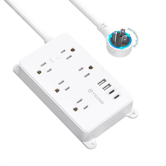 TROND 360° Rotating Power Strip, 5 Widely-Spaced Outlets with 2 USB A and 2 USB C, ETL Listed, 1300J Surge Protector, Wall Mountable, Flat Plug 5ft Extension Cord, for Home Office, Under Desk, White