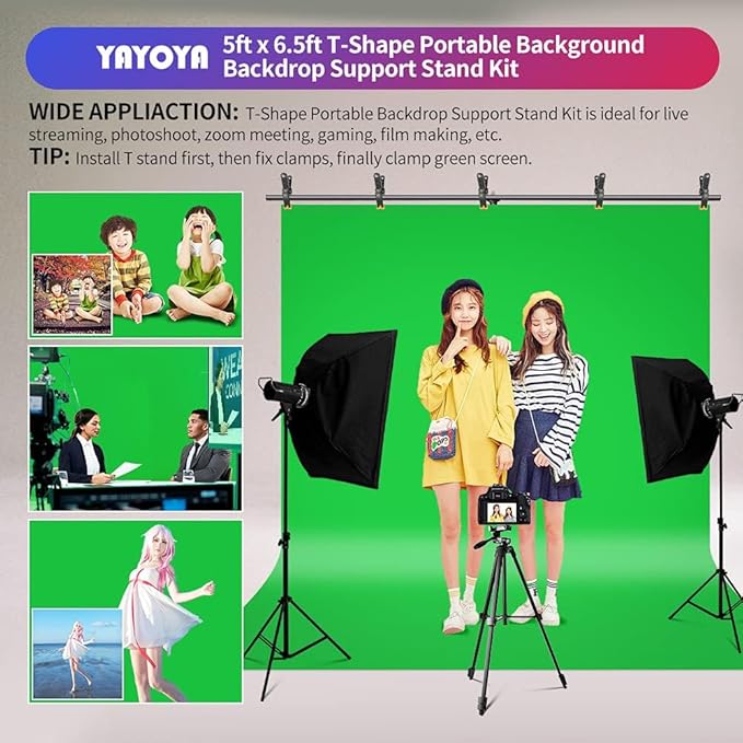 Green Screen Backdrop Kit, 5 x 6.5 ft Portable Chromakey Green Screen with T-Shaped Stand & Carrying Bag & 5 Clamps, Greenscreen Background for Streaming, Gaming, Zoom