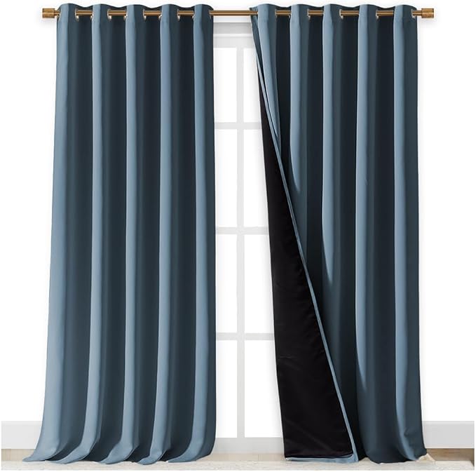 NICETOWN 100% Blackout Curtains for Windows, Pack of 2, 70" W x 108" L, Smoky Blue, Super Heavy-Duty Black Lined Total Darkness Drapes for Bedroom, Privacy Assured Window Treatment for Patio