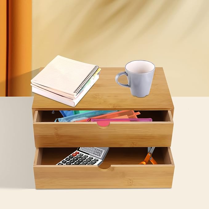 Bamboo Desk Organizer with 2 Drawers, Natural Wood Tabletop Storage Box | No-Assembly Countertop Drawer for Office Home Makeup Jewelry Stationery