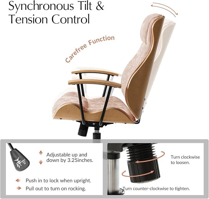 HULALA HOME Solid Wood Office Chair with High Backrest, Spice | Mid Century Modern Bentwood Desk Chair with Tilt Function, Swivel Fabric Computer Task Chair, Height Adjustable, Metal Base