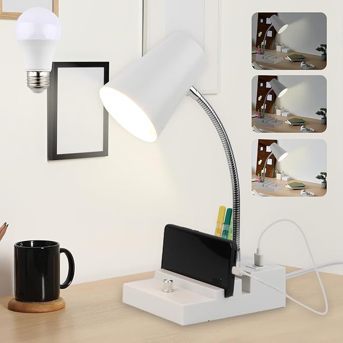 Study Desk Lamp with USB Charging and Type-C Night Light, Gooseneck LED Table Lamp Stepless Dimming Study Table Lamp with Pen Holder for College Dorm Bedroom and Office (White)