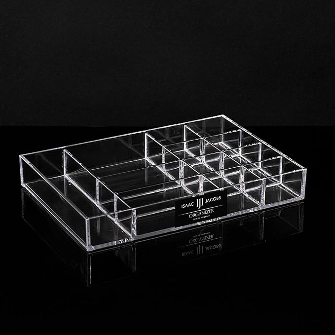 Isaac Jacobs 12-Compartment Clear Acrylic Drawer Organizer - 9.4"x6.4"x1.3" | Drawer Organizer (9.4" L x 6.4" W x 1.3" H), Multi-Sectional Storage Solution for Makeup, Office Supplies, Bathroom, Kitchen